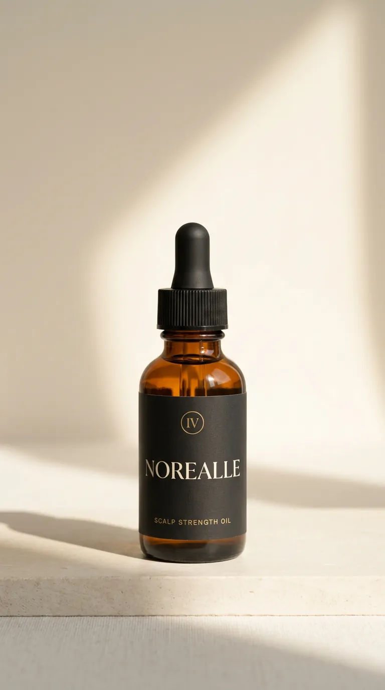 La bouteille Norealle de 30 mL en verre ambré sur fond ivoire
